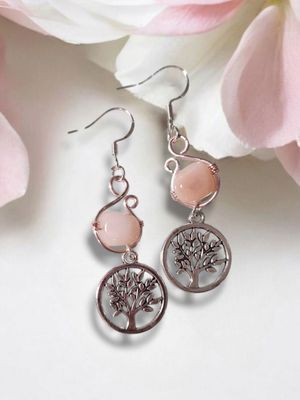Pink Opal, Silver Tree of Life Earrings