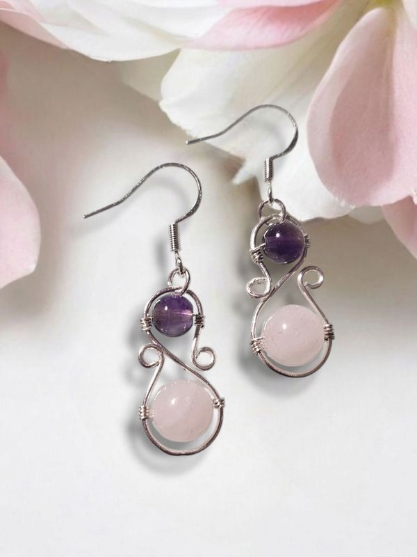 Amethyst &amp; Rose Quartz, Silver Earrings