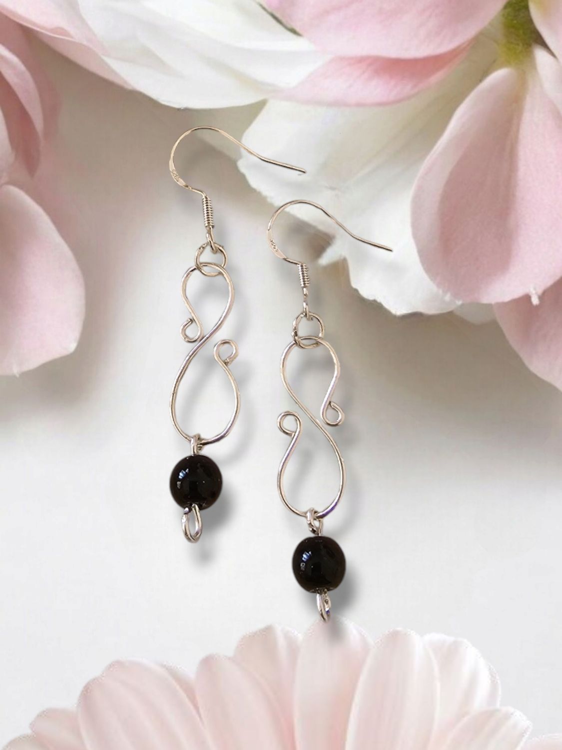 Black bead, Stirling Silver Earrings