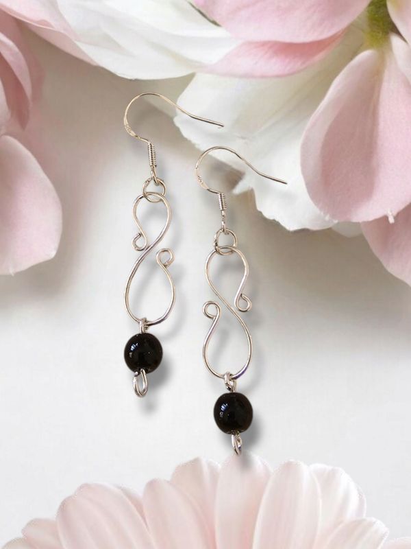 Black bead, Stirling Silver Earrings