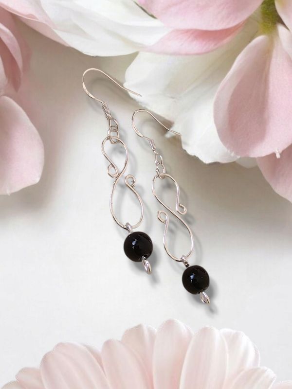 Black bead, Stirling Silver Earrings