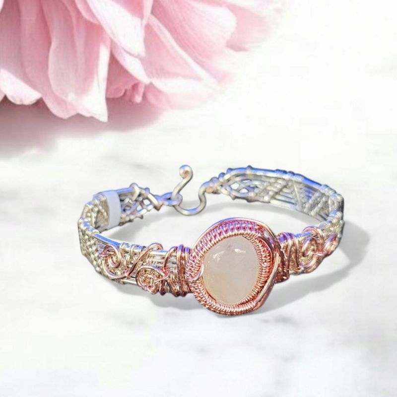 Rose Quartz,  Silver &amp; Rose Gold Large Bangle