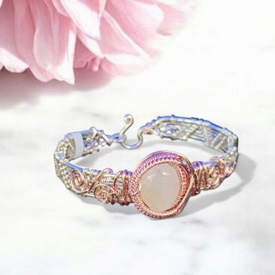 Rose Quartz,  Silver &amp; Rose Gold Large Bangle