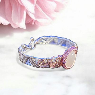 Rose Quartz,  Silver &amp; Rose Gold Large Bangle