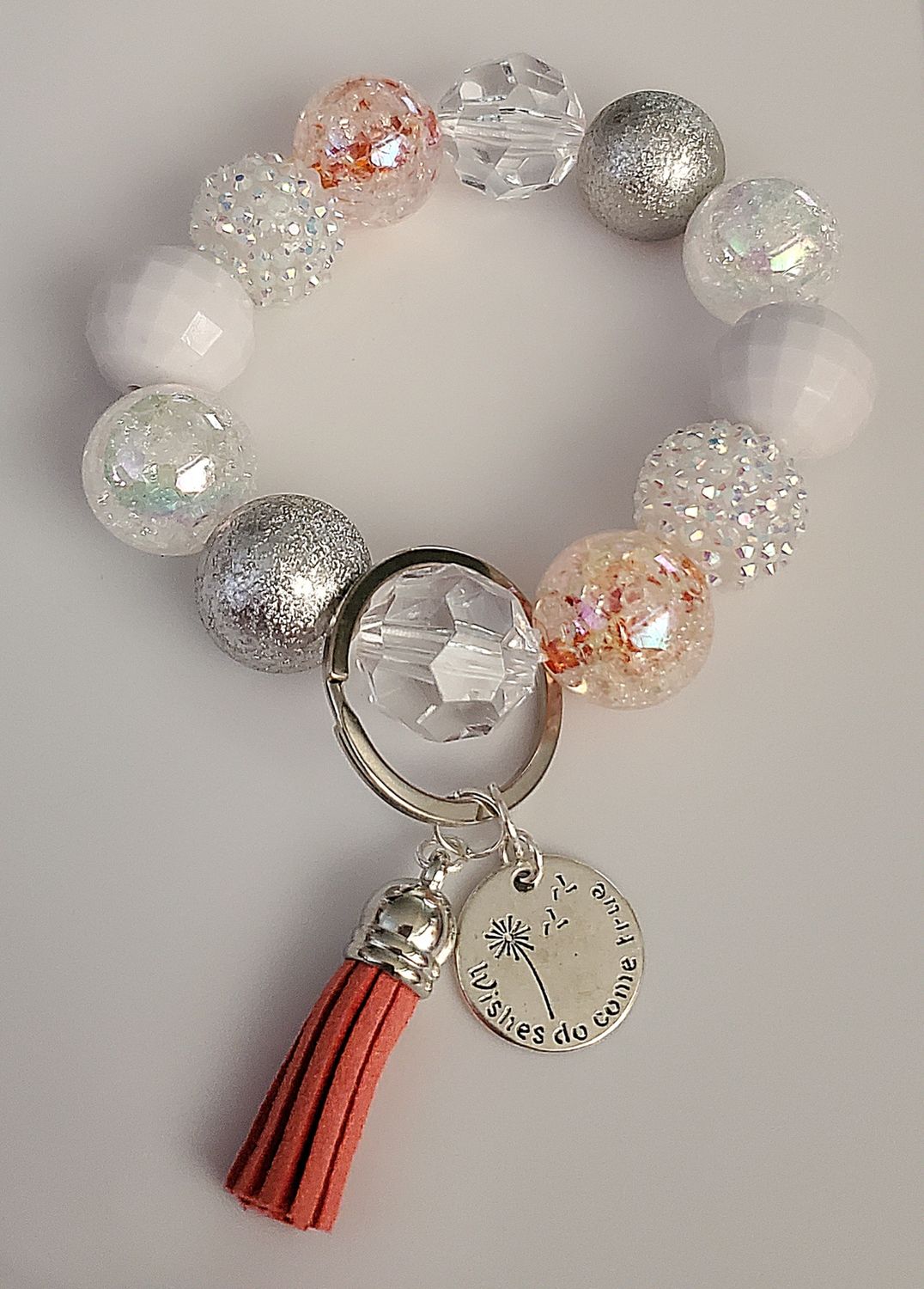 Silvery Iridescent Coral Bubblegum Bead Keychain