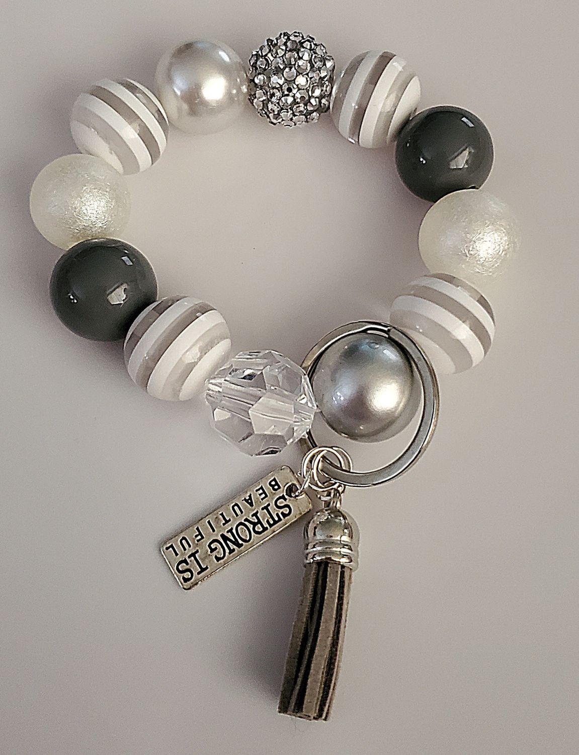 Classy Silver, Grey, and White Bubblegum Bead Keychain