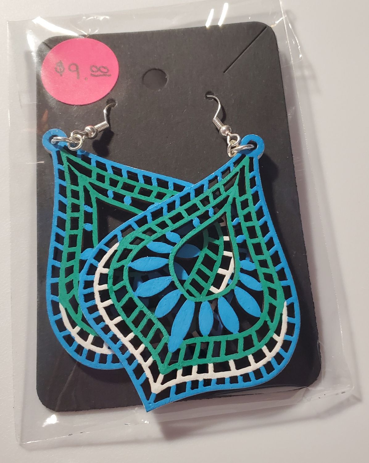 Blue, Green, and White Painted Wood Earrings