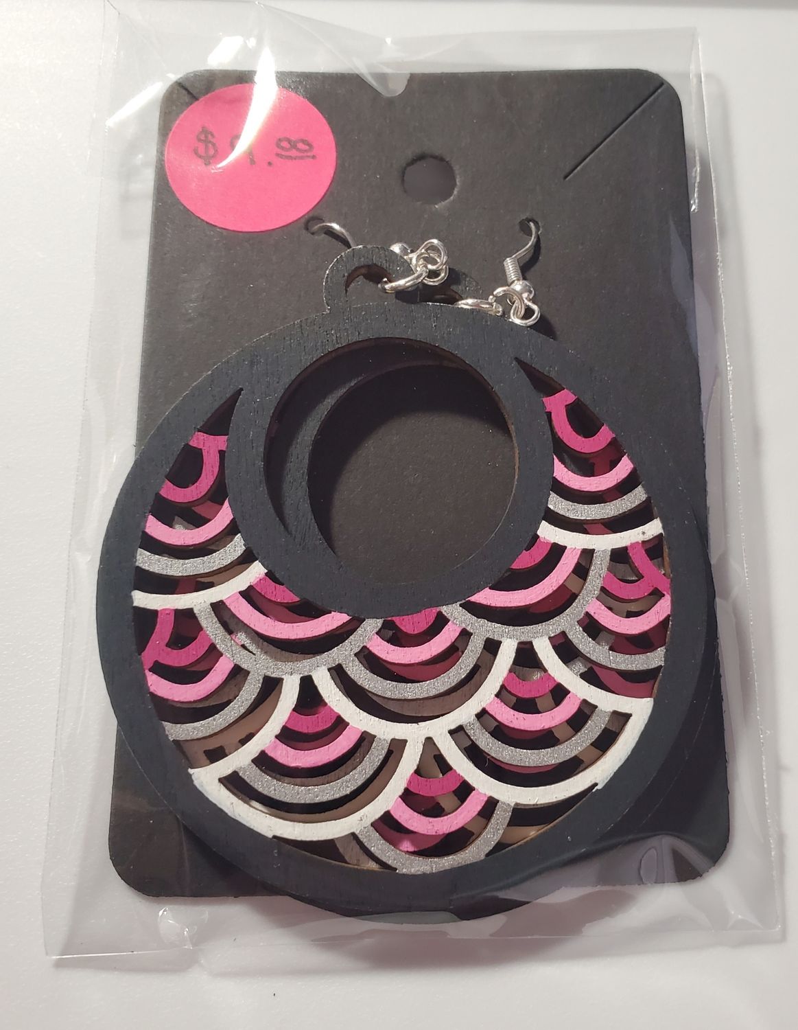 Pink, Silver, Black, &amp; White Painted Wood Earrings