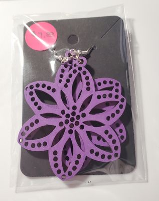 Purple Floral Painted Wood Earrings