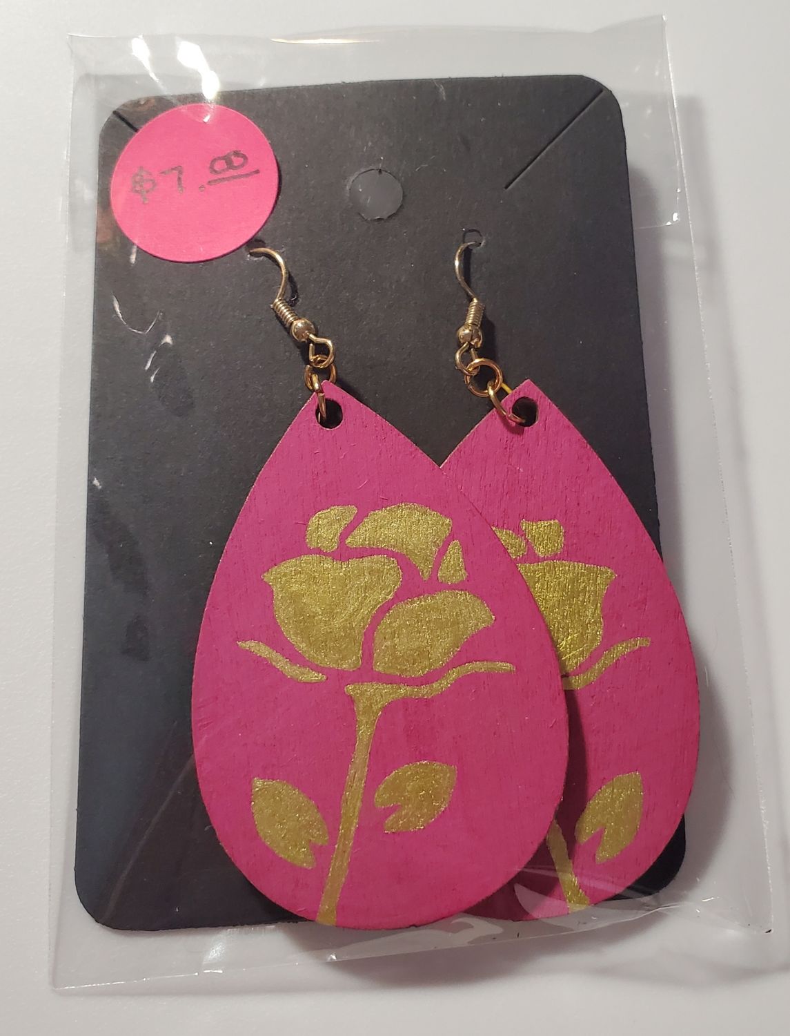 Gold Rose Painted Wood Earrings