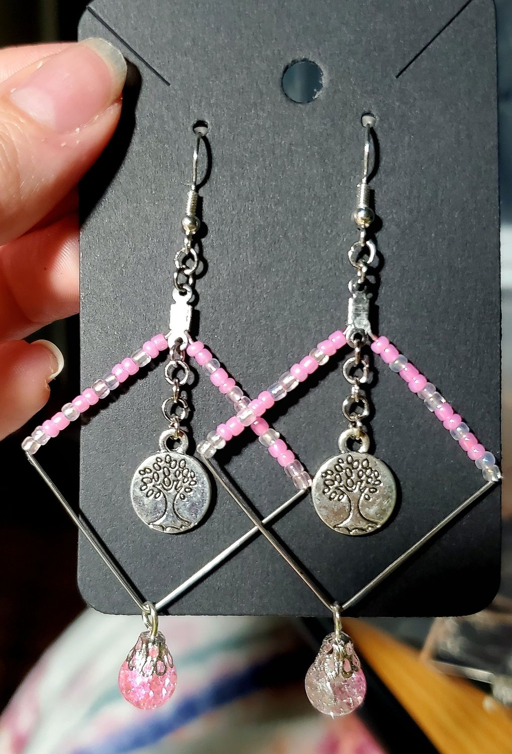 Pink Tree Double Charm Beaded Earrings