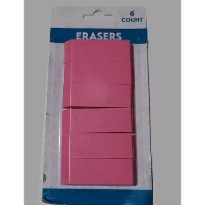 Six pink erasers in sealed packaging