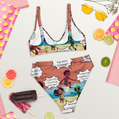 Sunshine and Waves Adventure Recycled High-Waisted Bikini – eco-friendly, stylish bikini with bold beach scene print.