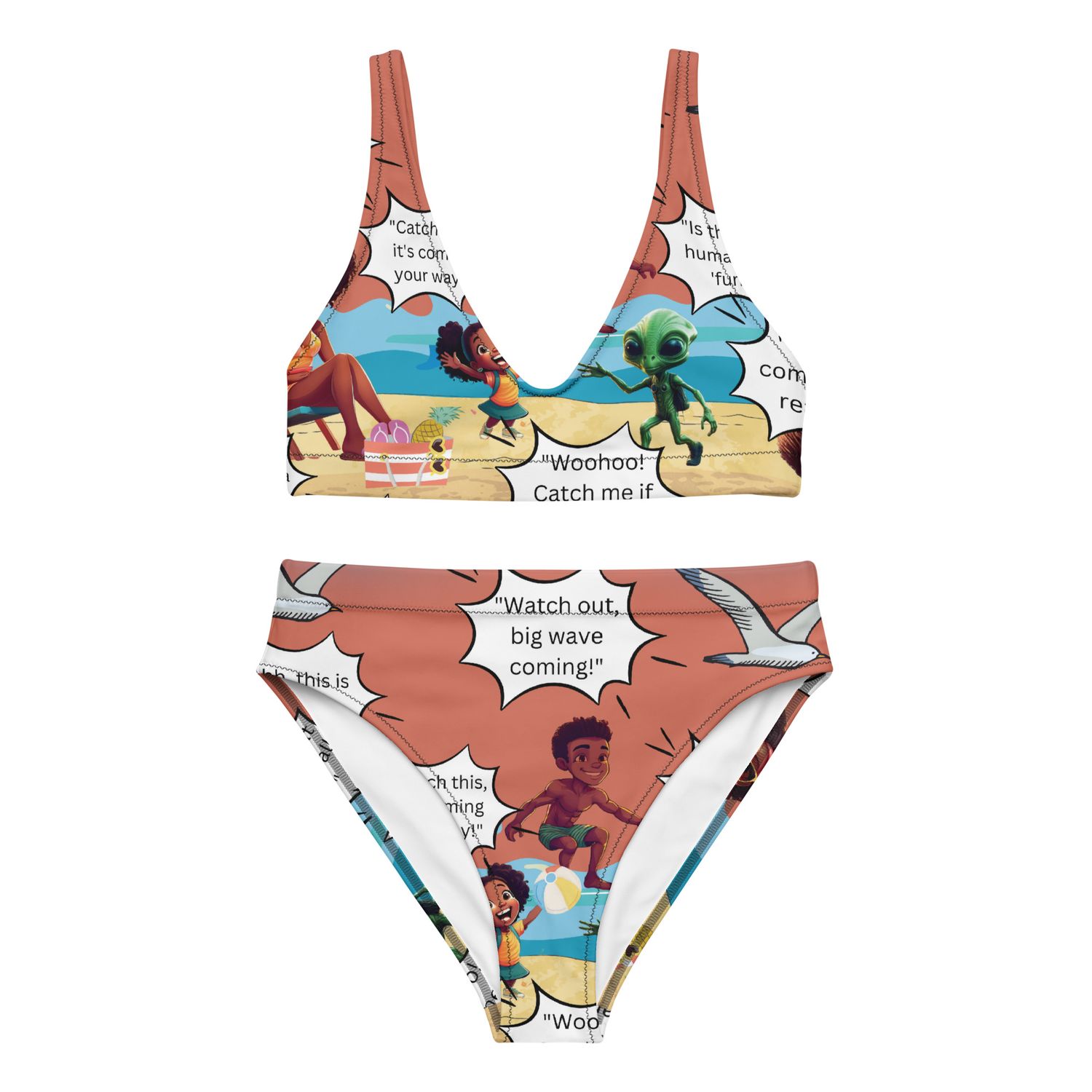 Sunshine and Waves Adventure Recycled High-Waisted Bikini – eco-friendly, stylish bikini with bold beach scene print.