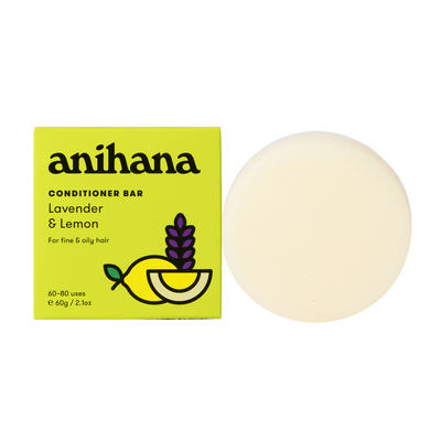 A  yellow rectangular box of “Anihana Lavender &amp; Lemon Conditioner Bar” featuring botanical illustrations and text highlighting its eco-friendly, nourishing formula for regular hair.