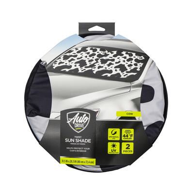 &quot;Auto Drive windshield sunshade with cow print design, universal fit, 2-pack, 28 x 31.5 inches, protects against heat and UV rays.&quot;