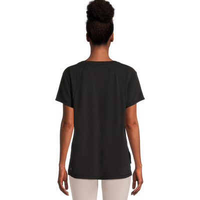 A black oversized women's t-shirt by Avia Activewear in size Medium, displayed brand new with tags. The t-shirt features a relaxed fit, soft fabric, and modern design details on the front and back waist areas. Perfect for casual wear or light workouts.