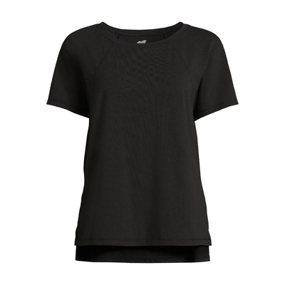 A black oversized women&#39;s t-shirt by Avia Activewear in size Medium, displayed brand new with tags. The t-shirt features a relaxed fit, soft fabric, and modern design details on the front and back waist areas. Perfect for casual wear or light workouts.