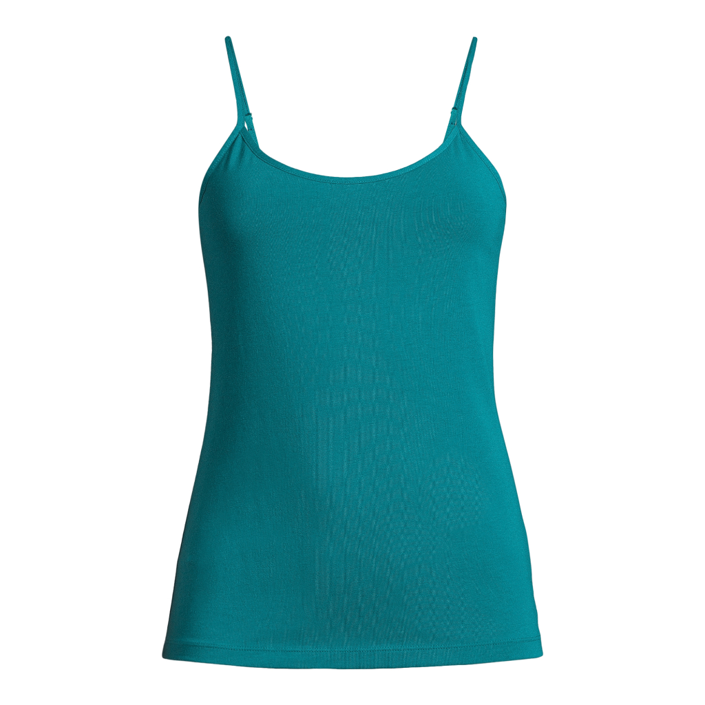 A Time and Tru Women&#39;s Cami in Teal Lagoon, featuring adjustable spaghetti straps and a fitted scoop neck design. The cami is size Medium (8-10), made from a soft cotton-modal-spandex blend, perfect for layering or wearing on its own. Brand new with tags.