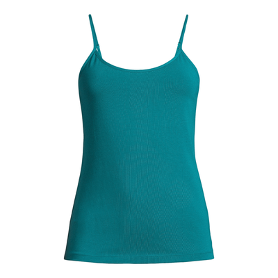 A Time and Tru Women&#39;s Cami in Teal Lagoon, featuring adjustable spaghetti straps and a fitted scoop neck design. The cami is size Medium (8-10), made from a soft cotton-modal-spandex blend, perfect for layering or wearing on its own. Brand new with tags.