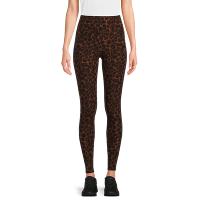 Close-up and full view of No Boundaries Women’s Sueded Ankle Leggings in Cheetah print, size S/M. High-rise, slim fit with pull-on elastic waist, featuring a soft sueded texture.