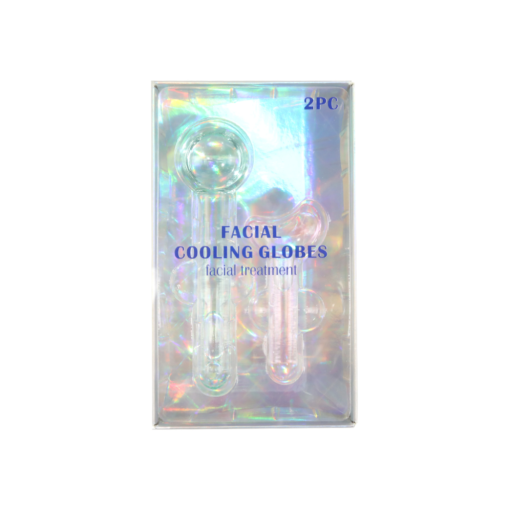 A holographic box labeled “Facial Spa Set” containing two glass-like cooling globes—one pink and one blue—designed for facial massage and skincare treatments.