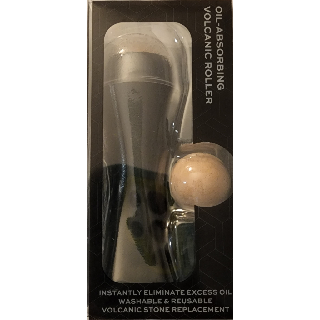 A rectangular black box with geometric patterns showcasing a handheld oil-absorbing volcanic roller. The roller’s black handle and beige volcanic stone ball are partially visible through clear plastic packaging, accompanied by text reading “Oil-Absorbing Volcanic Roller” and product details on the front and back.