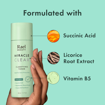 Alt Text: A clear 5.1 fl. oz. bottle of Rael Miracle Clear Clarifying Toner, featuring simple white and green labeling for unisex use.