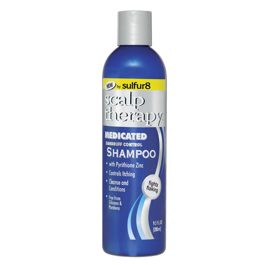 A yellow 9.5 fl. oz. bottle of Sulfur8 Scalp Therapy Medicated Shampoo, labeled for unisex use and formulated for soothing, medicated scalp care.