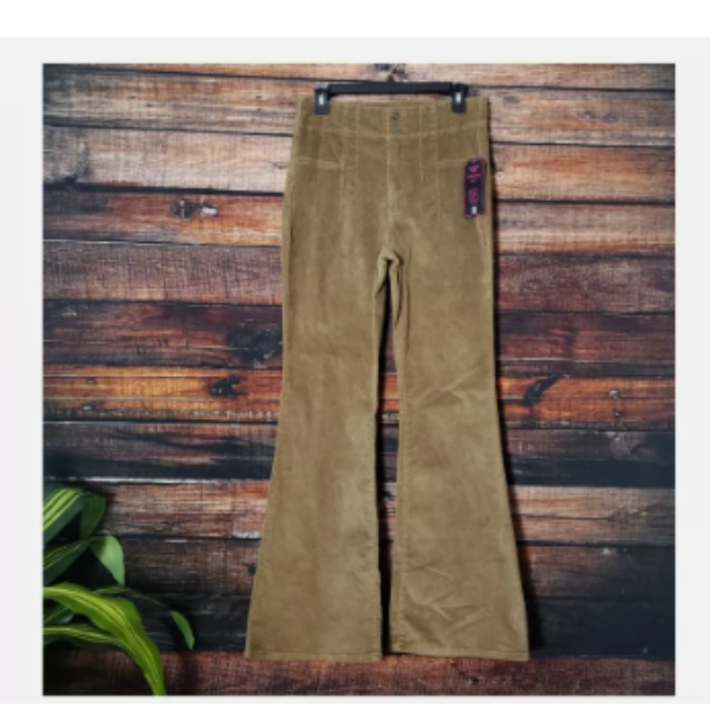 Brown corduroy high-rise flare pants for women, size small (02), with button and zip closure, flat front design, and flared leg style. New with tags, made of soft stretch fabric suitable for all seasons.