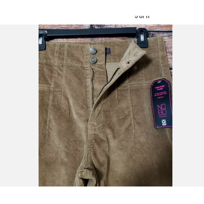 Brown corduroy high-rise flare pants for women, size small (02), with button and zip closure, flat front design, and flared leg style. New with tags, made of soft stretch fabric suitable for all seasons.