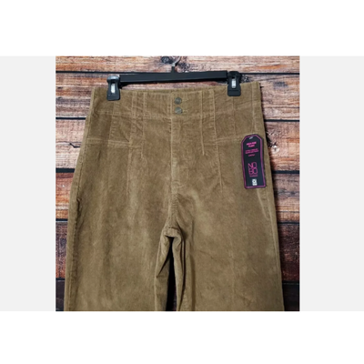 Brown corduroy high-rise flare pants for women, size small (02), with button and zip closure, flat front design, and flared leg style. New with tags, made of soft stretch fabric suitable for all seasons.