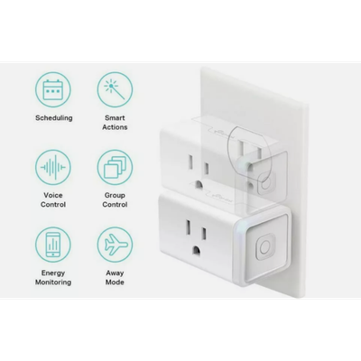 "TP-Link Kasa Smart Wi-Fi Plug Slim KP115, compact design with energy monitoring, white color, compatible with Alexa and Google Assistant."