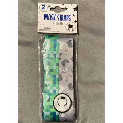 "2-pack Gamer Kids Mask Straps with green pixelated design and grey gaming controller print, featuring easy-to-use clips for securing masks."