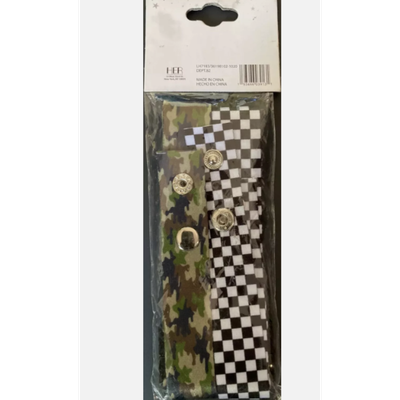 A set of two kids' mask straps featuring a black-and-white checkered design and a green camouflage pattern. Each strap includes sturdy clips for securing masks and is lightweight, weighing 1.5 oz. The product is brand new with tags, packaged for easy display.
