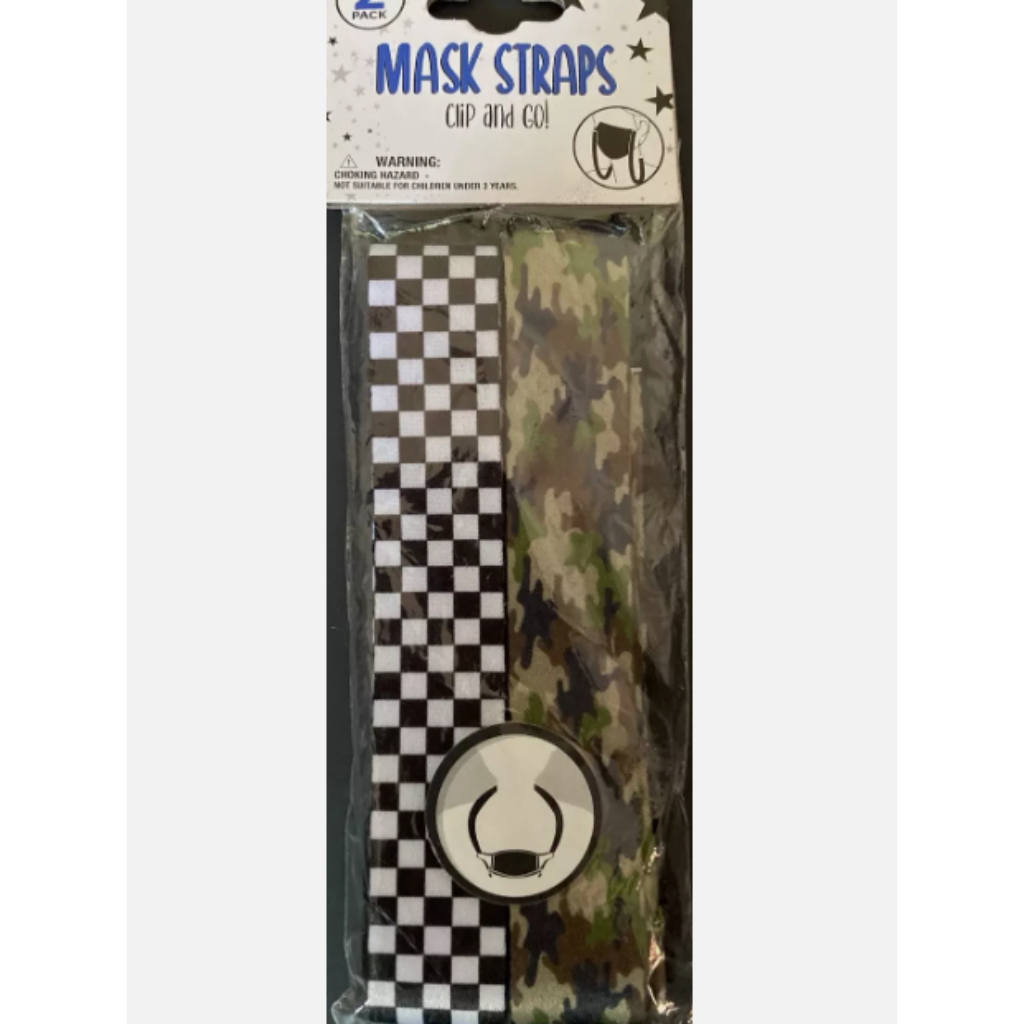 A set of two kids&#39; mask straps featuring a black-and-white checkered design and a green camouflage pattern. Each strap includes sturdy clips for securing masks and is lightweight, weighing 1.5 oz. The product is brand new with tags, packaged for easy display.