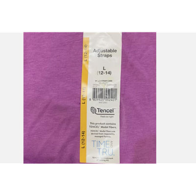 Time and Tru Women's Cami in Iris Orchid, featuring adjustable spaghetti straps, a scoop neckline, and a fitted design. Size Large (12-14), made from a soft cotton-modal-spandex blend. Brand new with tags.