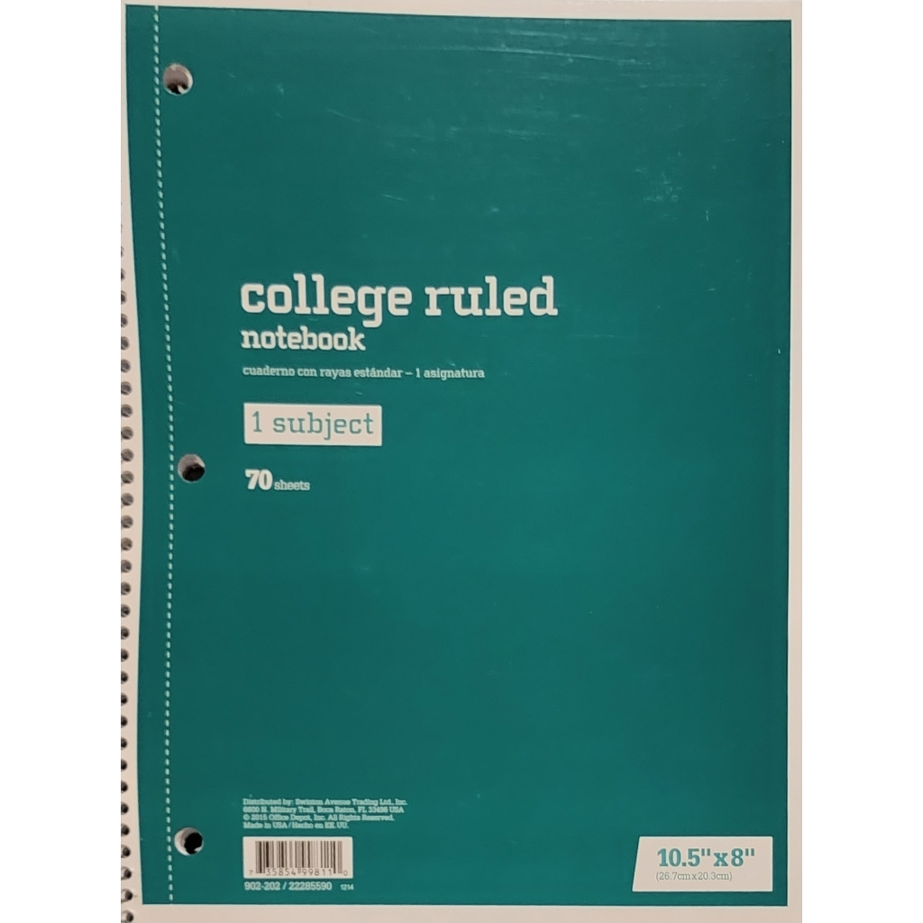 &quot;1-Subject College Ruled Spiral Notebook with Teal Cover, 70 Sheets, 10.5 x 8 inches&quot;
