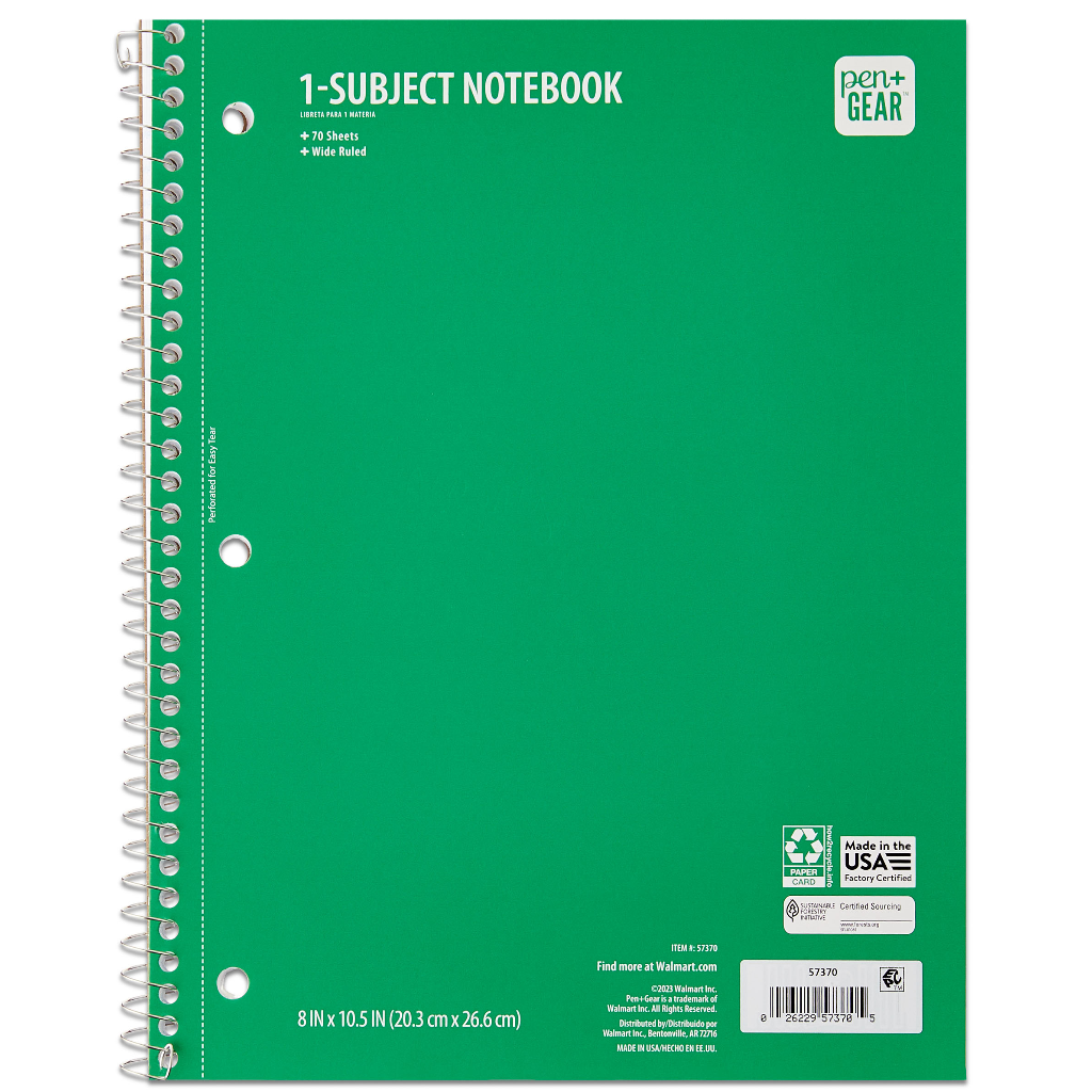 &quot;Pen+Gear Green Wide Ruled 1-Subject Notebook, 10.5 x 8 inches, 70 pages&quot;
