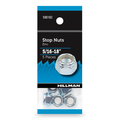 Hillman Stop Nuts – 5/16&quot;-18, Steel with Nylon Inserts, Zinc Plated, 5-Pack