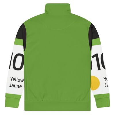 Vivid Threads Unisex Track Jacket – bold, eco-friendly design with green accents and fleece interior.
