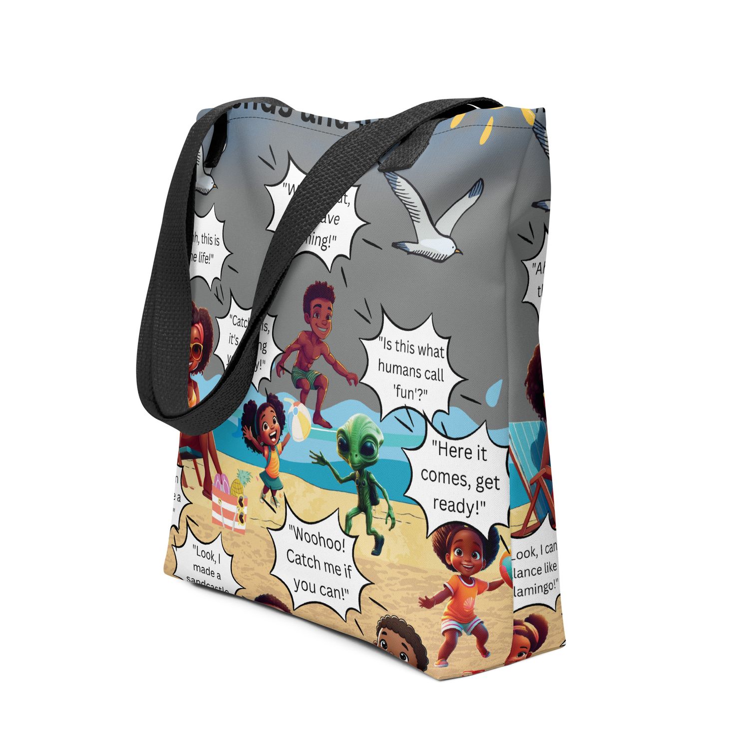 Sunshine and Waves Adventure Gray Tote Bag – stylish, durable tote with spacious interior and comfortable cotton handles.