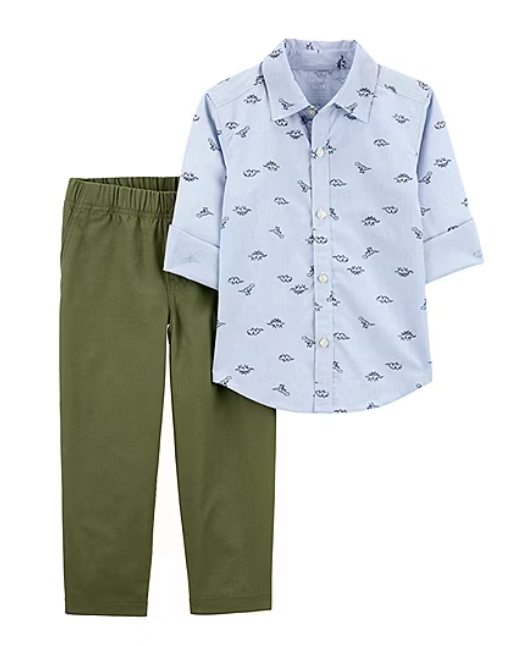 Carter&#39;s Toddler Boys 2-Piece Pant Set – Dinosaur Print Shirt &amp; Canvas Pants