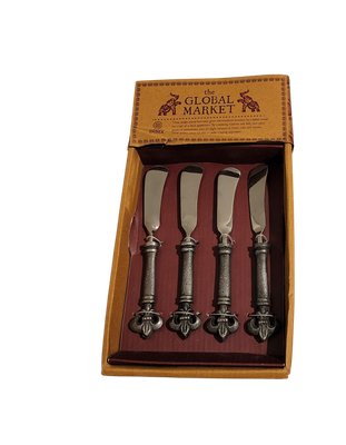 NEW The Global Market Cheese Spreader Set of 4 – Ornate Pewter-Style Handles &amp; Stainless Steel Blades (Handcrafted in India)