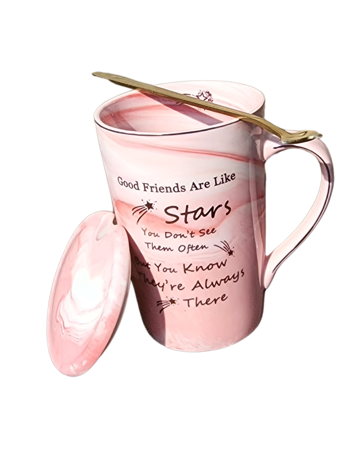 14 oz Pink Marble Ceramic Mug Gift Set with Gold Spoon &amp; Lid – Friendship Quote – Present of Star Box