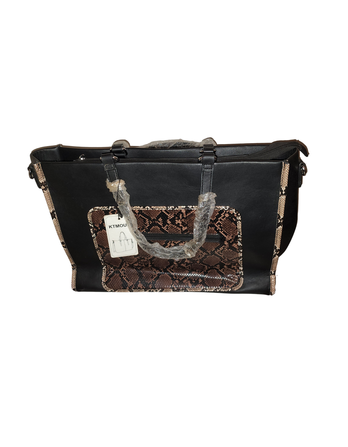 KT MOUW Large Tote Bag Black with Snake Print Accents – Multi-Compartment – Used