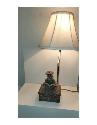 Vintage Monkey Reading Lamp – Scholar Figurine on Wicker Chest Base, Whimsical Animal Table Lamp
