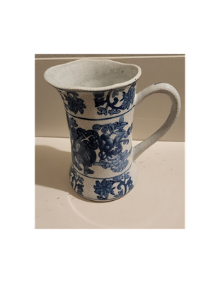 Vintage Blue and White Chinoiserie Floral Pitcher – Ceramic Porcelain Vase – 28 oz