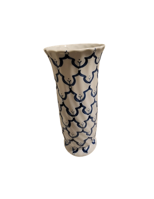 Blue &amp; White Chinoiserie Style Vase – 11” Ceramic Ribbon Trellis Pattern – Cobalt Porcelain Look