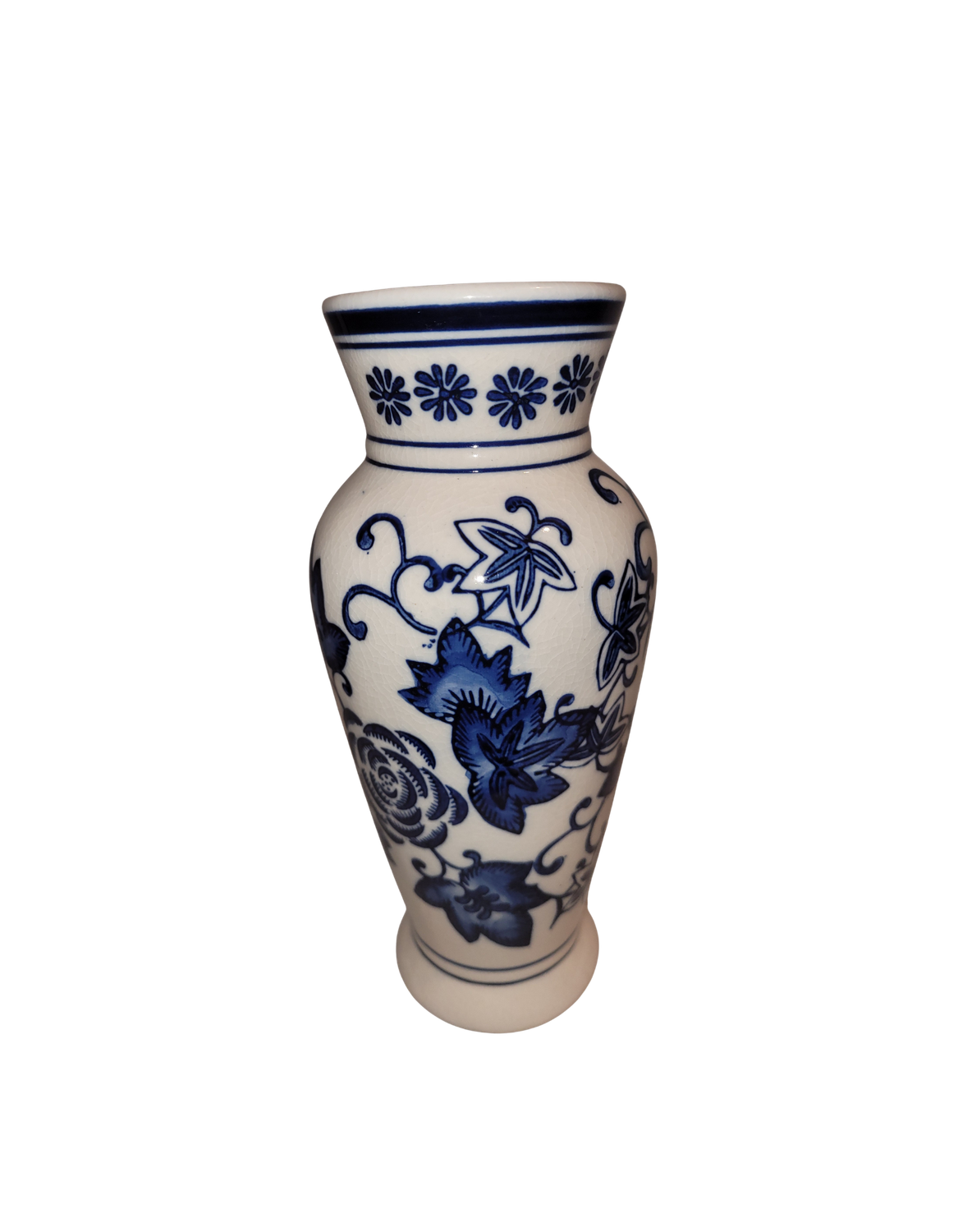 Blue &amp; White Chinoiserie-Style Vase – 8 1/8” Ceramic Porcelain Look – Designspirations – Floral Scroll Pattern